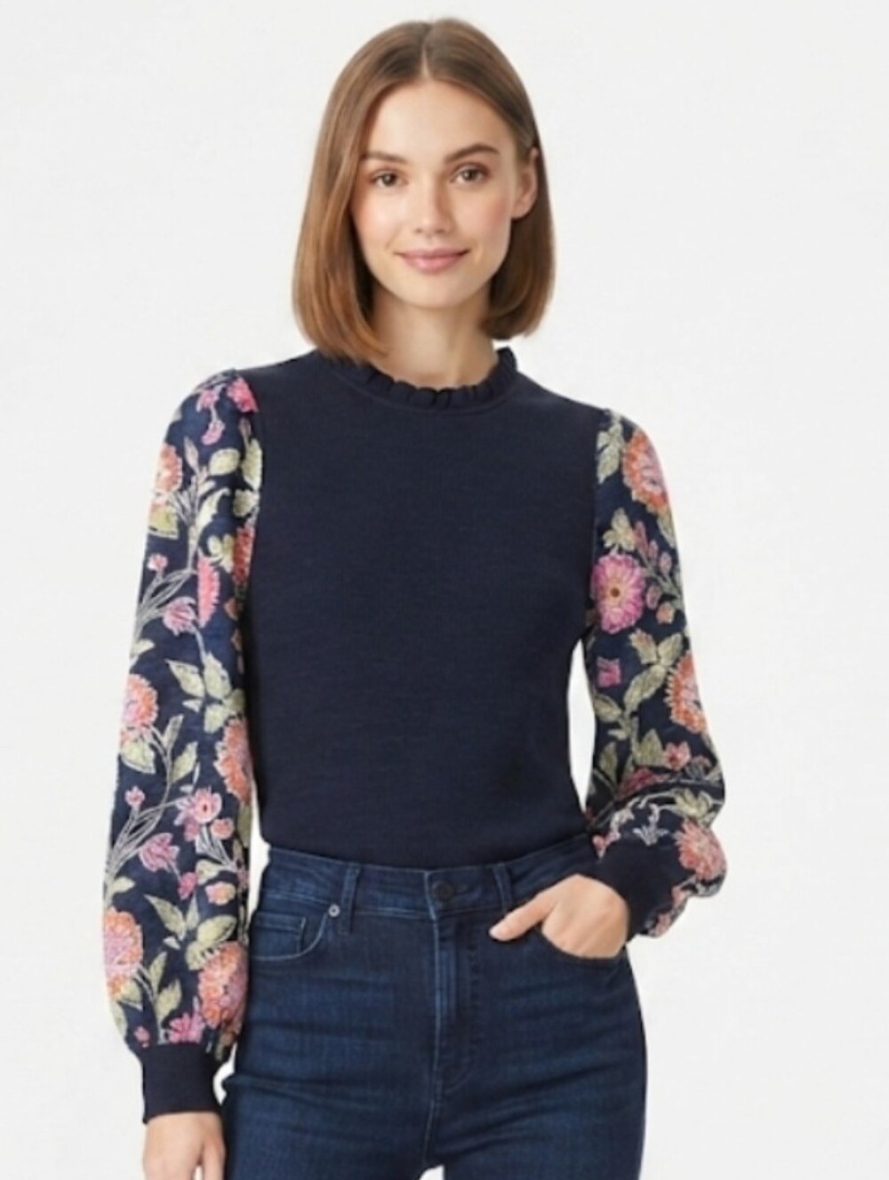 THML Navy Sweater Top with Floral Puff Sleeves Size M